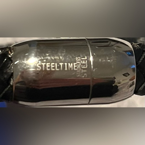 Steeltime Stainless Steel Black Leather Magnetic Closure Bracelet - Picture 4 of 4